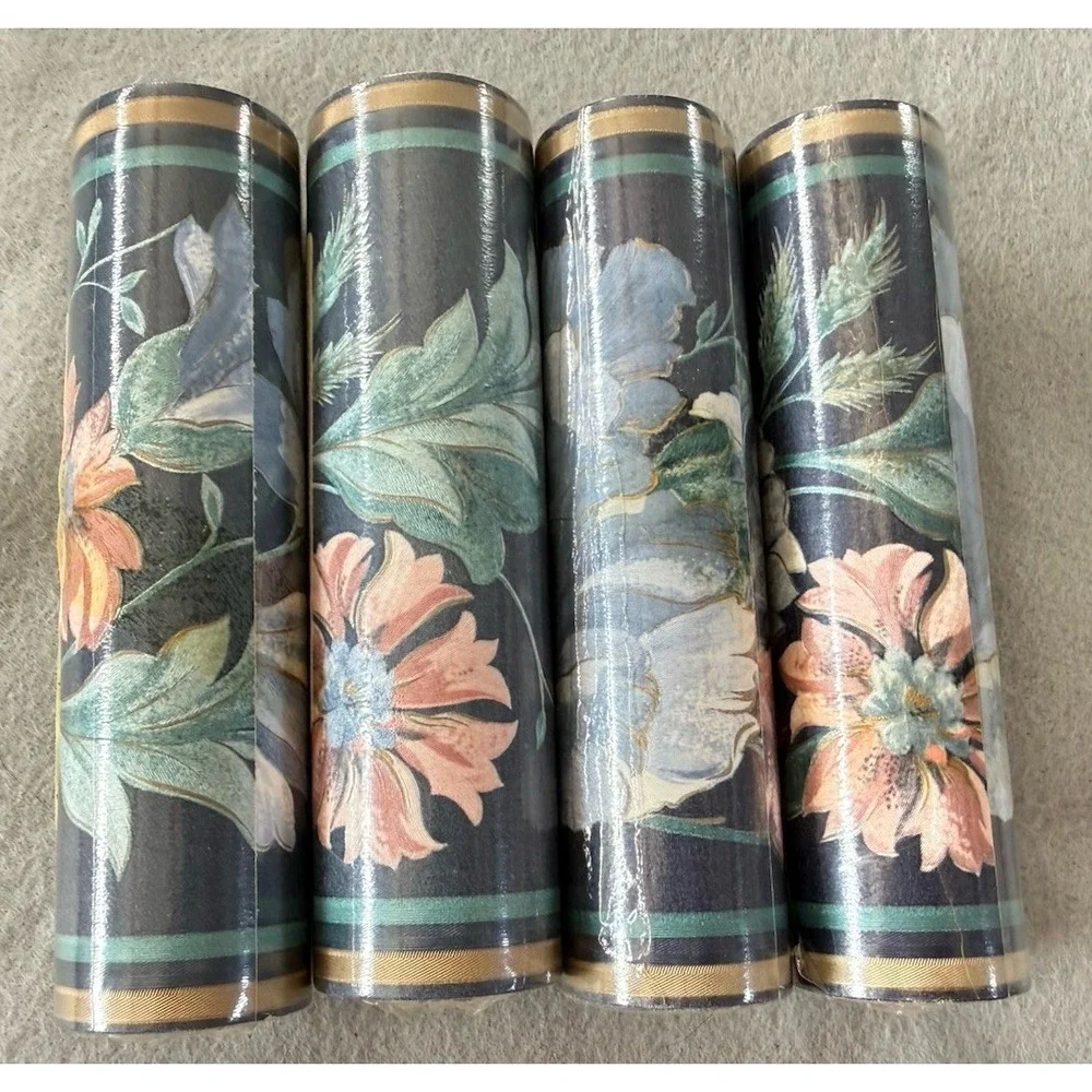 4 ROLLS VTG Wall BORDER Blue Floral Wallpaper PREPASTED 21.6 YARDS Cottagecore